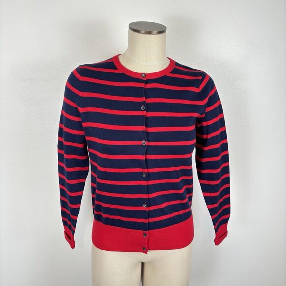 Lands' End Womens S Red Navy Blue Striped Cardigan Sweater Supima Cotton Knit - Picture 1 of 6